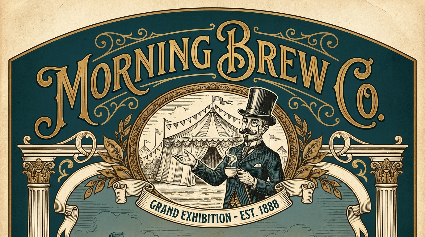 Morning Brew Co. exhibition poster: ornate gold lettering on teal above the top hat gentleman presenting a festival tent, with a banner reading Grand Exhibition, Est. 1888
