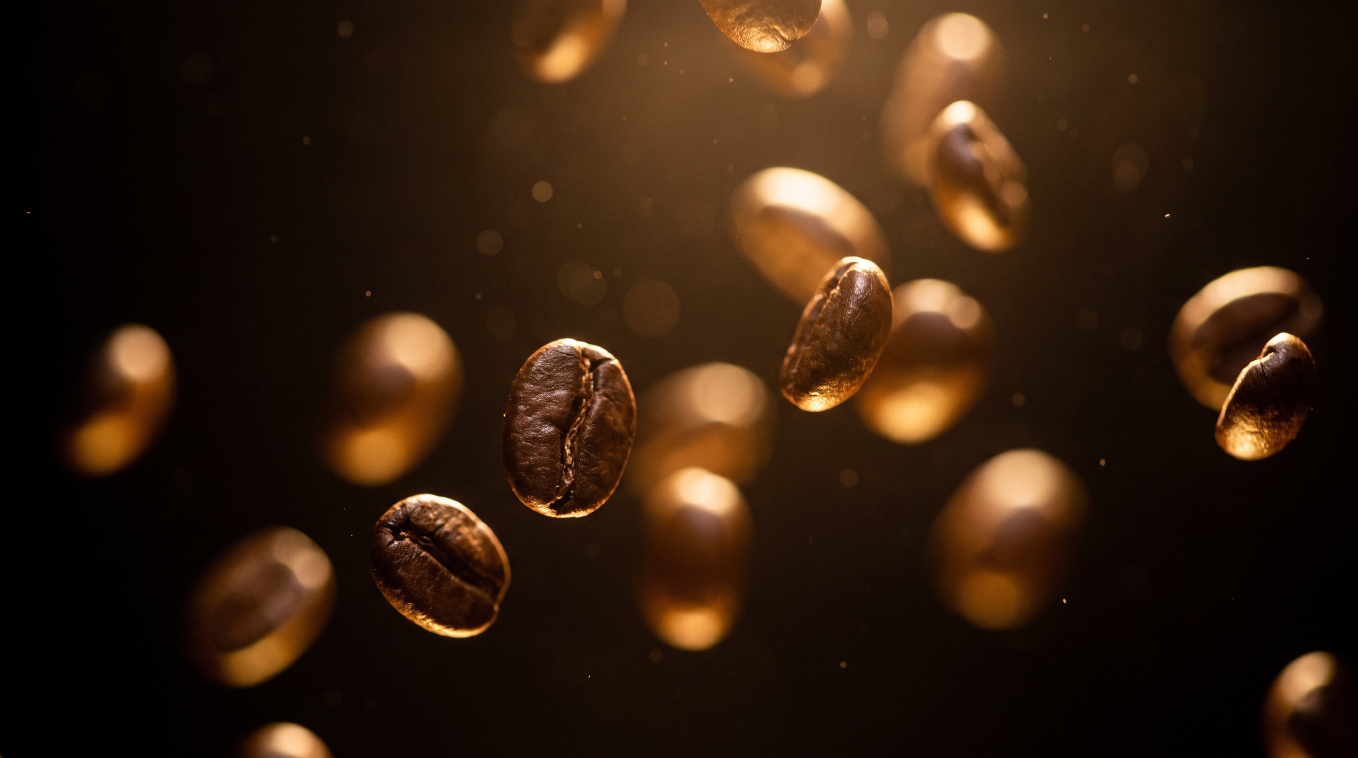 Coffee beans drifting in dark space