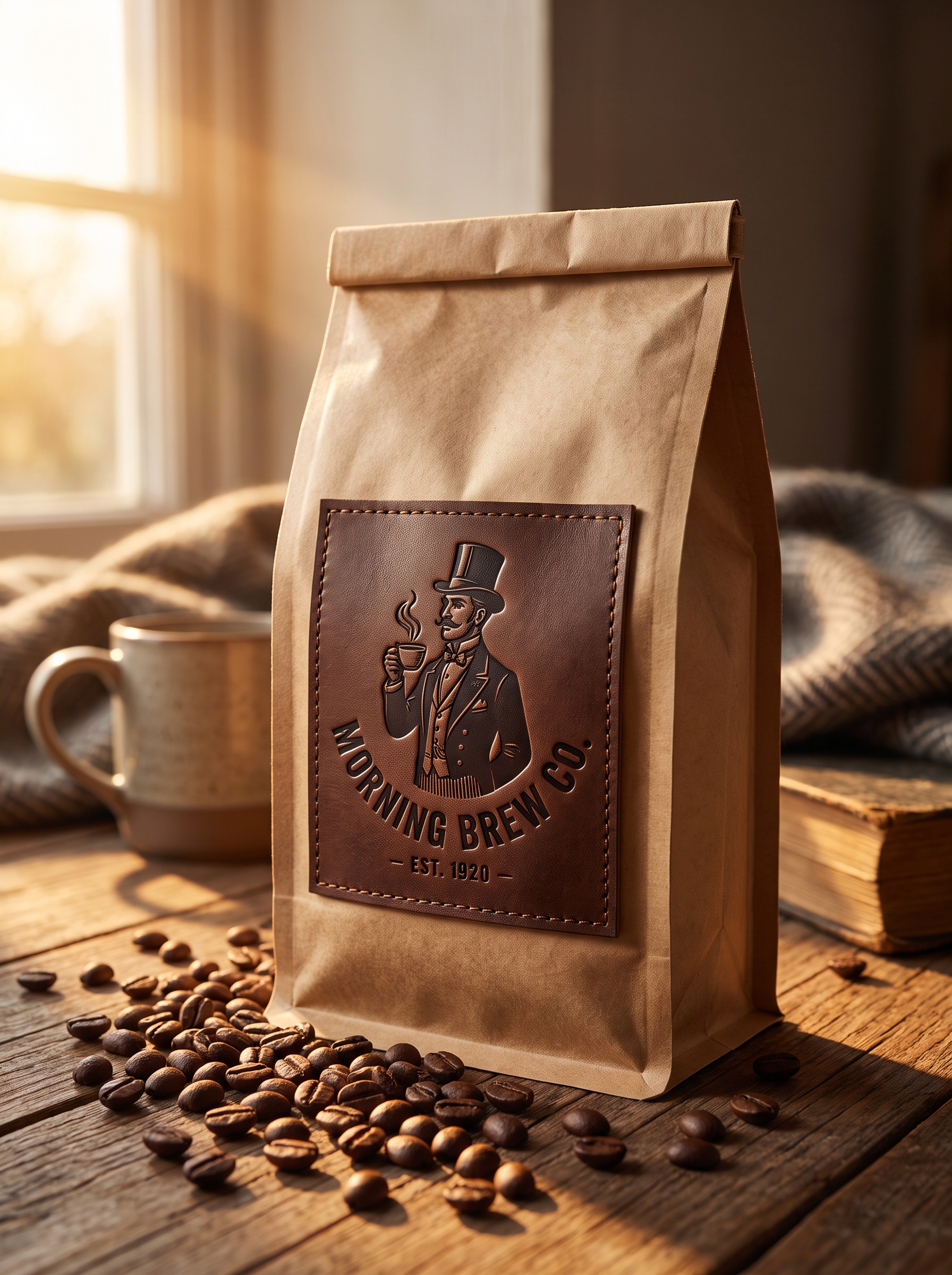 Kraft bag of Morning Brew Co House Blend with the leather gentleman emblem, beans scattered on oak