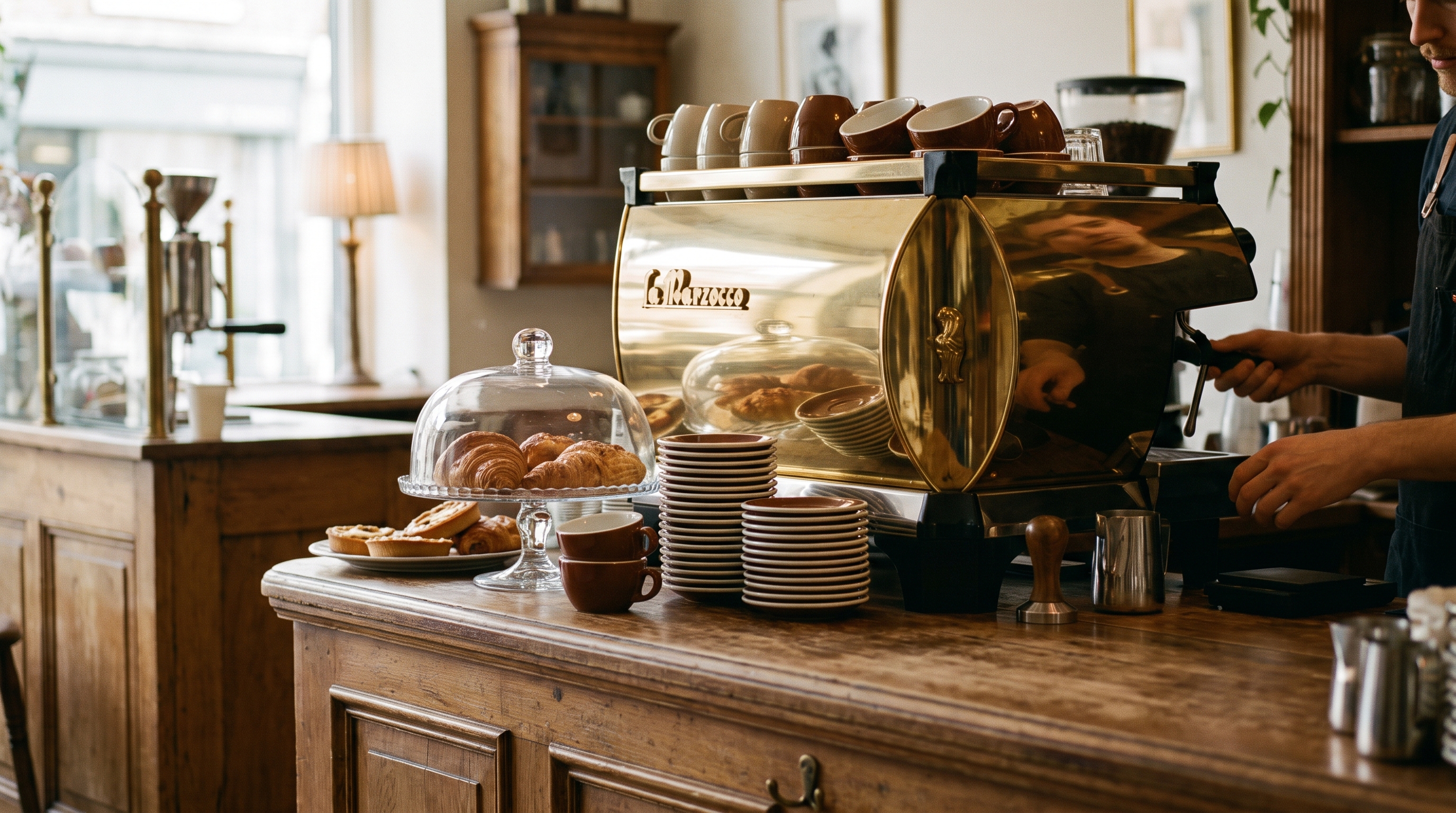 The marble and timber counter of Morning Brew Co, warm light on brass