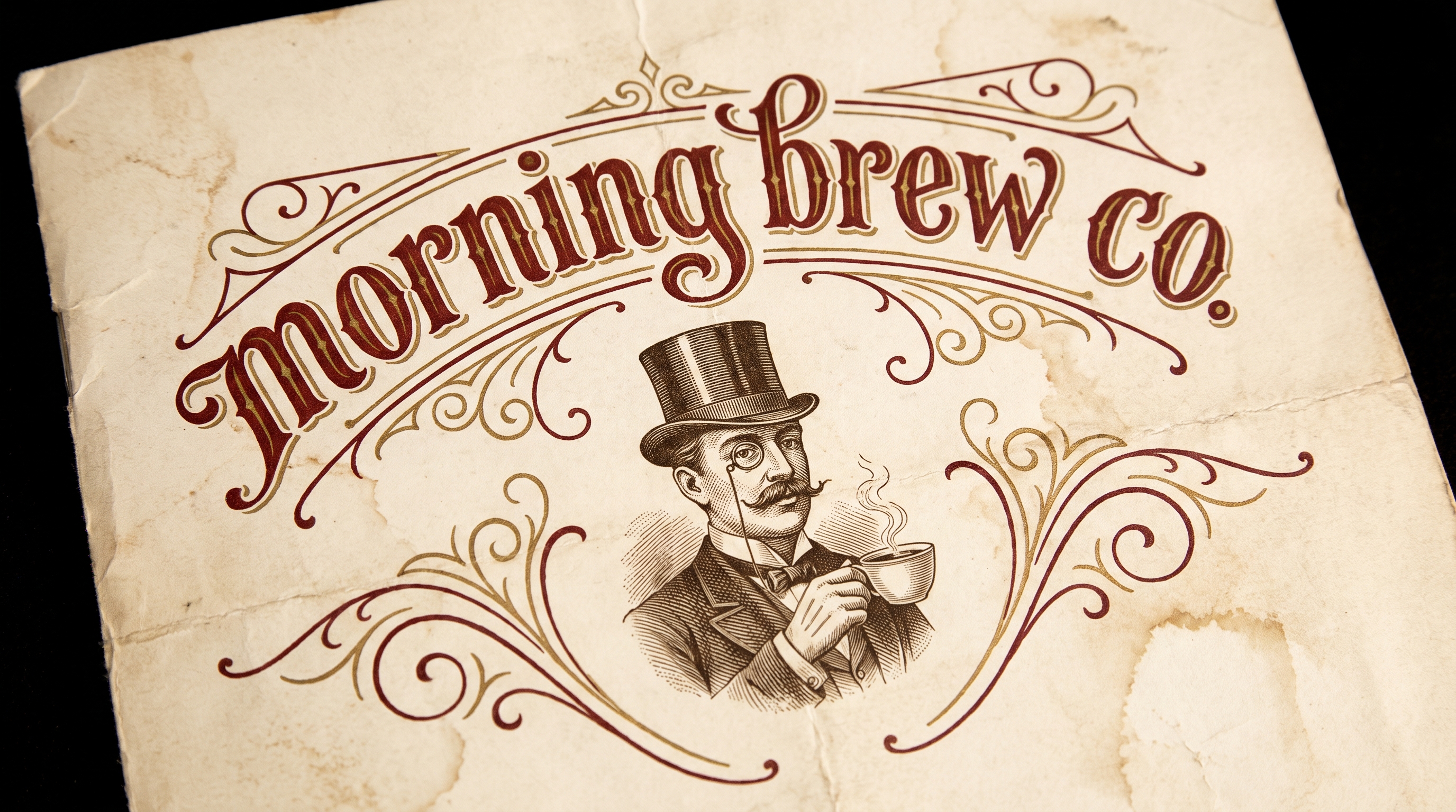 Ornate arced morning brew co. lettering above the seated top hat gentleman