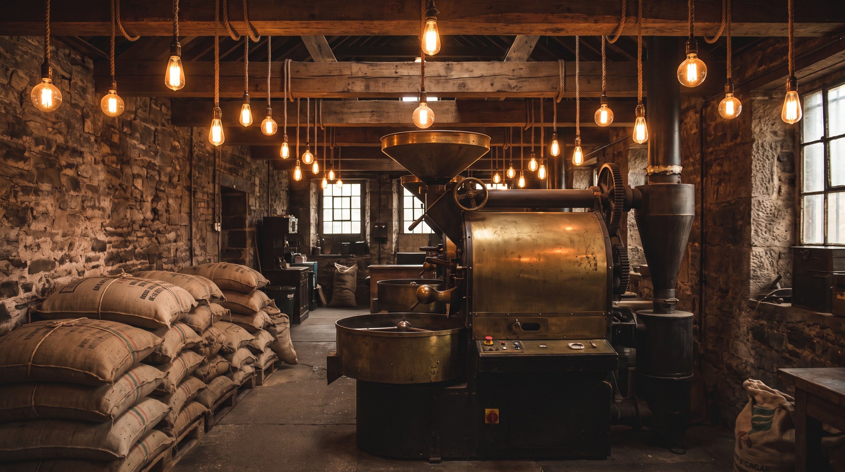 The warm roastery, copper and timber, where the house coffee is roasted