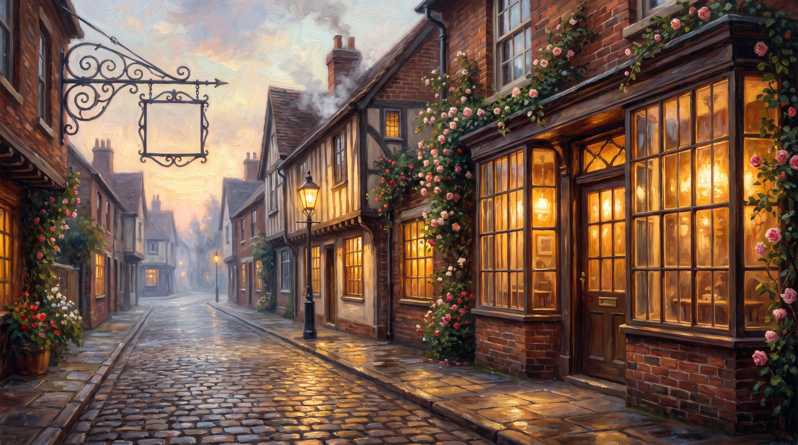 A lamplit cobblestone lane at dawn outside the Morning Brew Co storefront