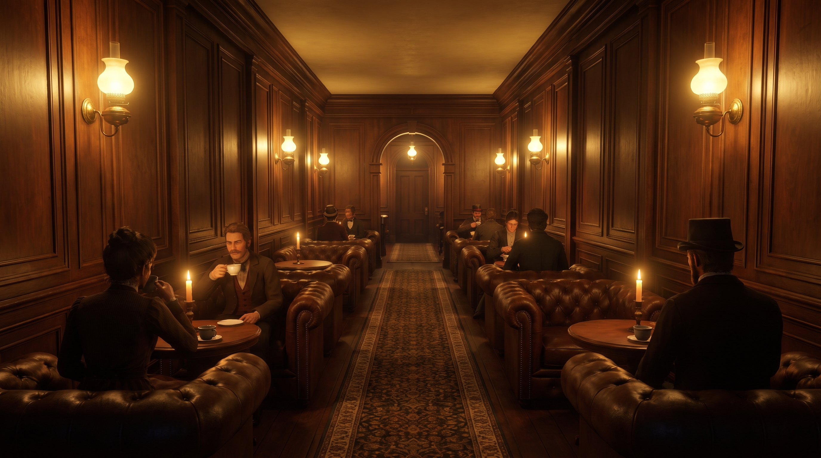 The parlor, velvet chairs and low candlelight