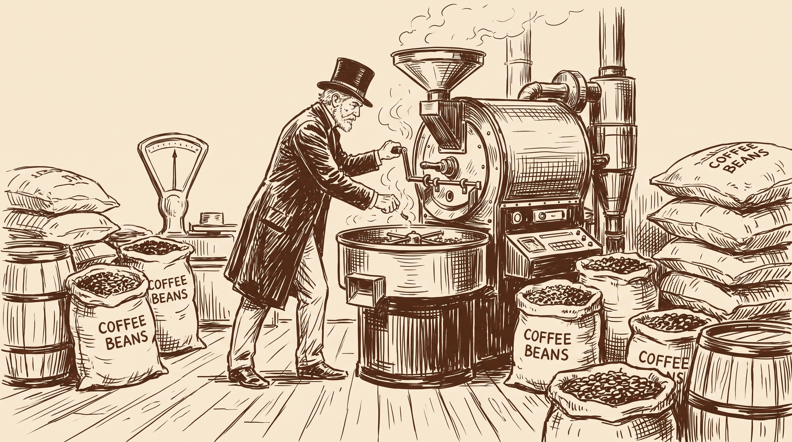 Sketch of the roastery with sacks of beans and the roaster drum