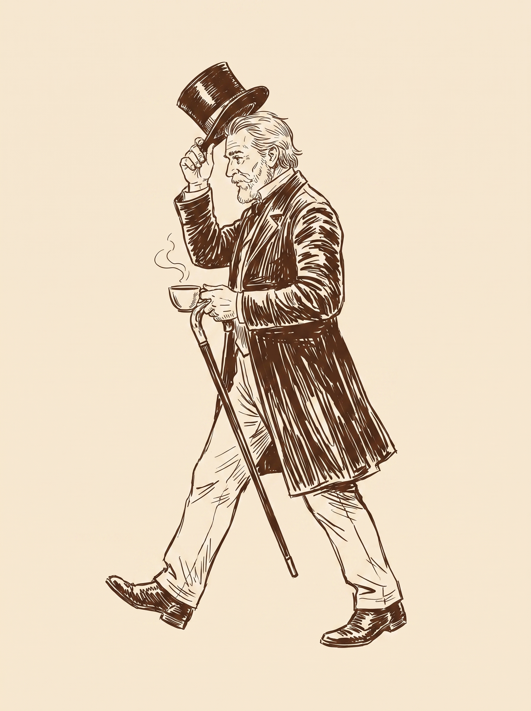 The gentleman strolling with his cane, breakfast in hand.