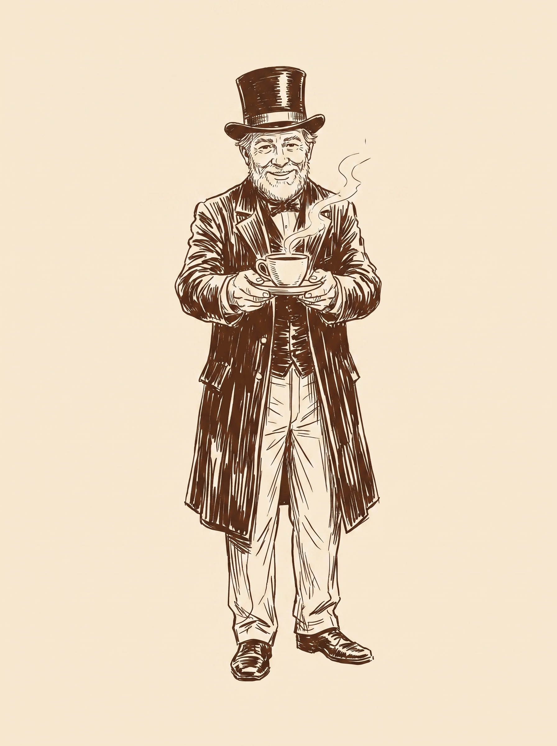The gentleman offering a cup of coffee on a saucer with a small bow