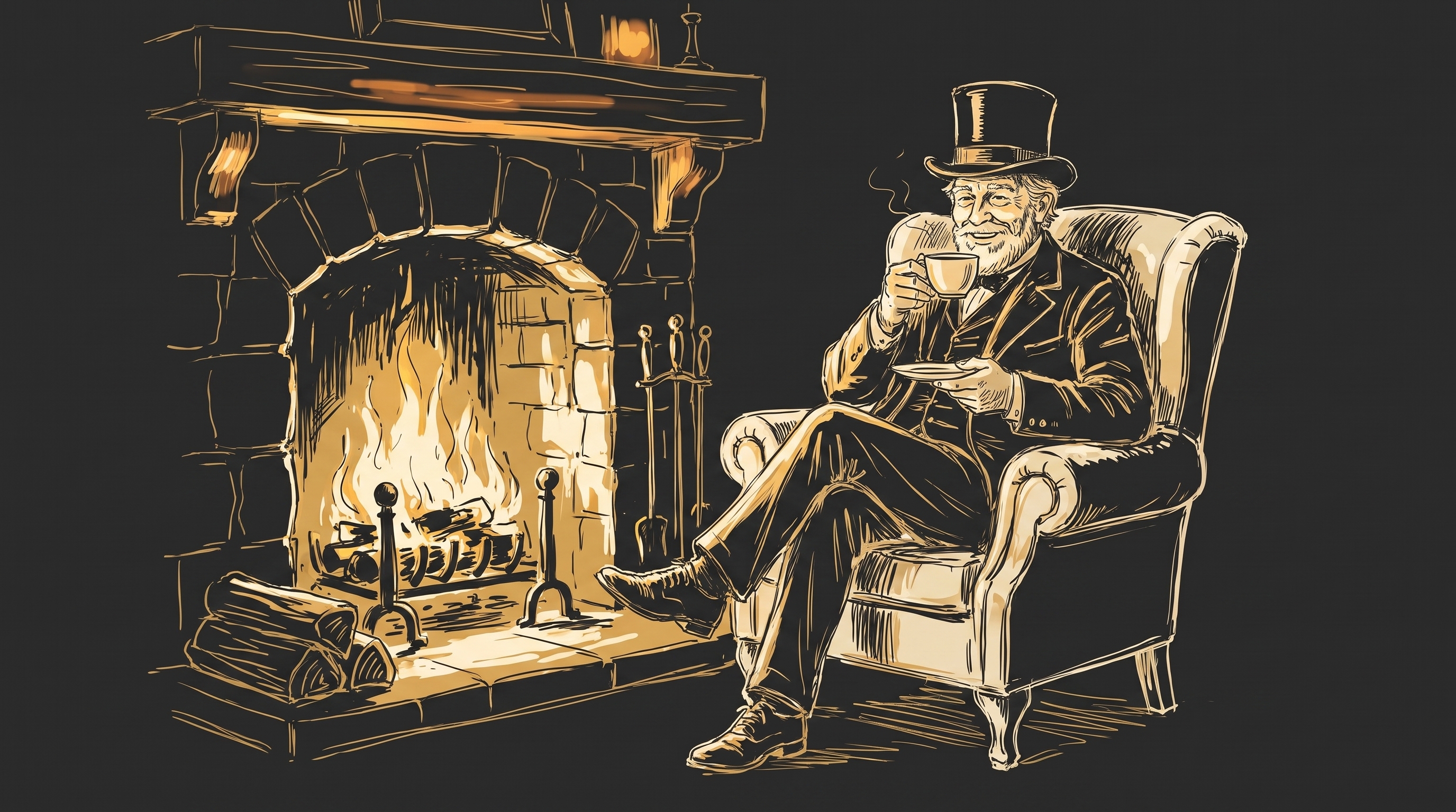 Ink sketch of the lounge: armchairs by the fireplace, a bookshelf, and cups waiting on side tables