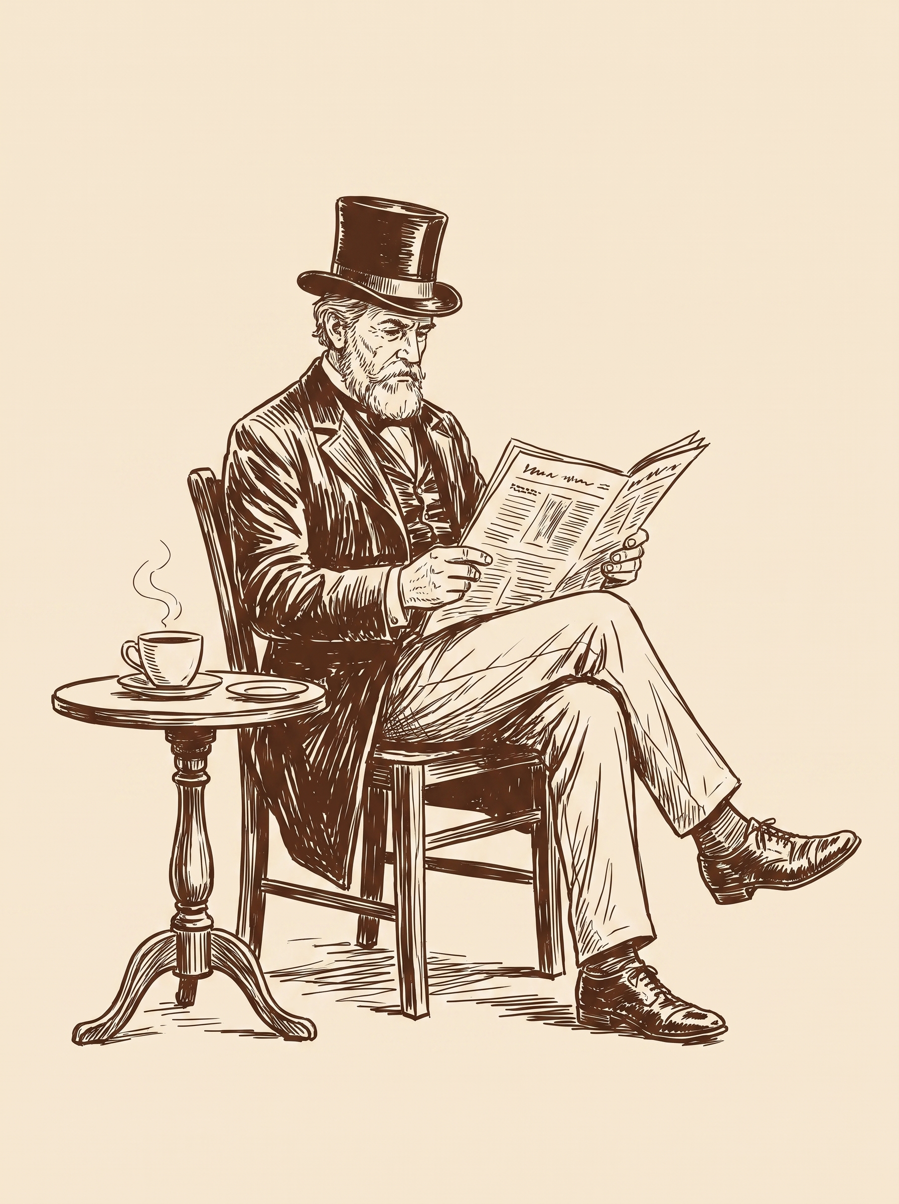 The gentleman seated with his newspaper and a cup of coffee