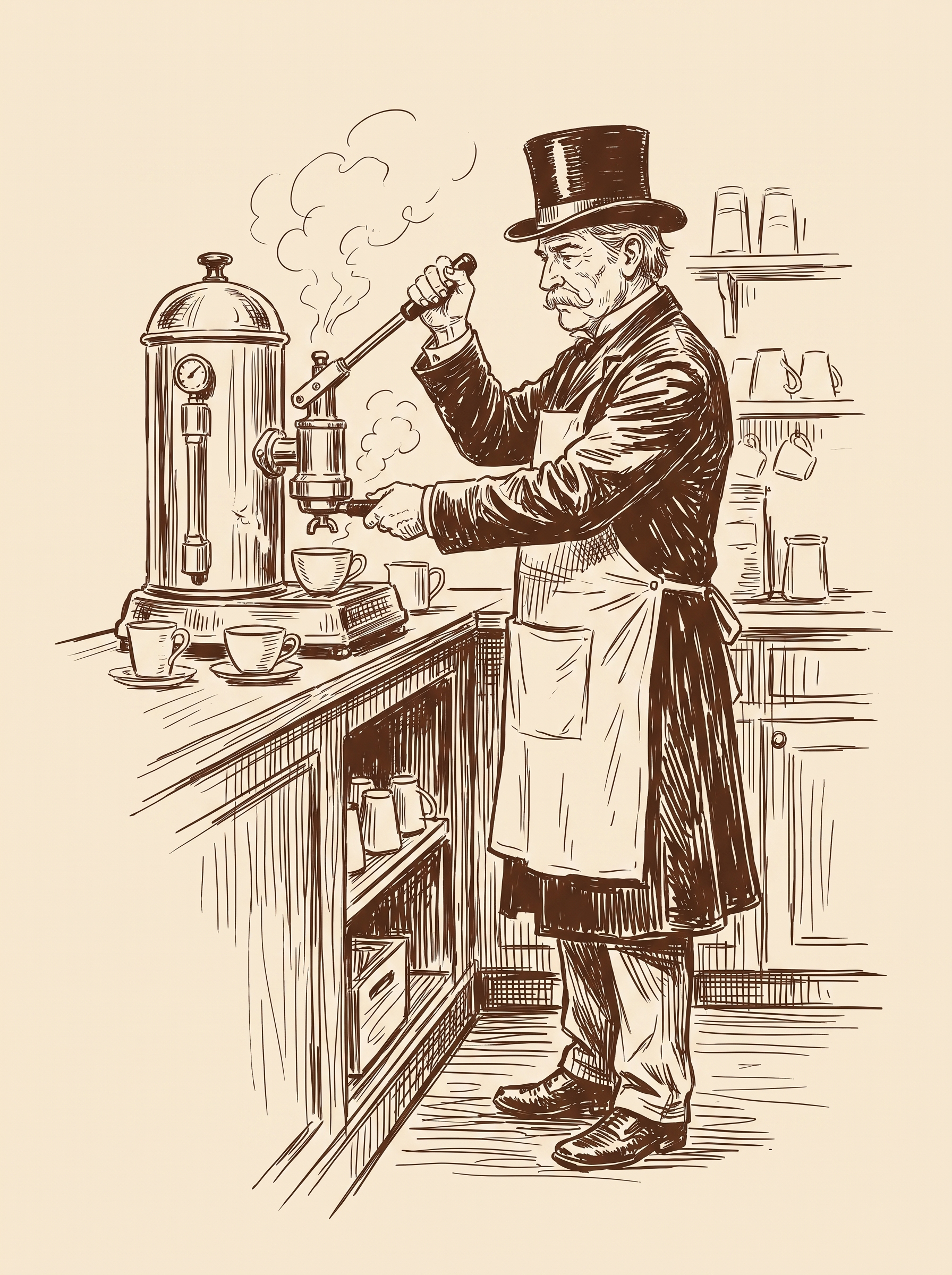 The gentleman working the espresso counter, in brown ink.