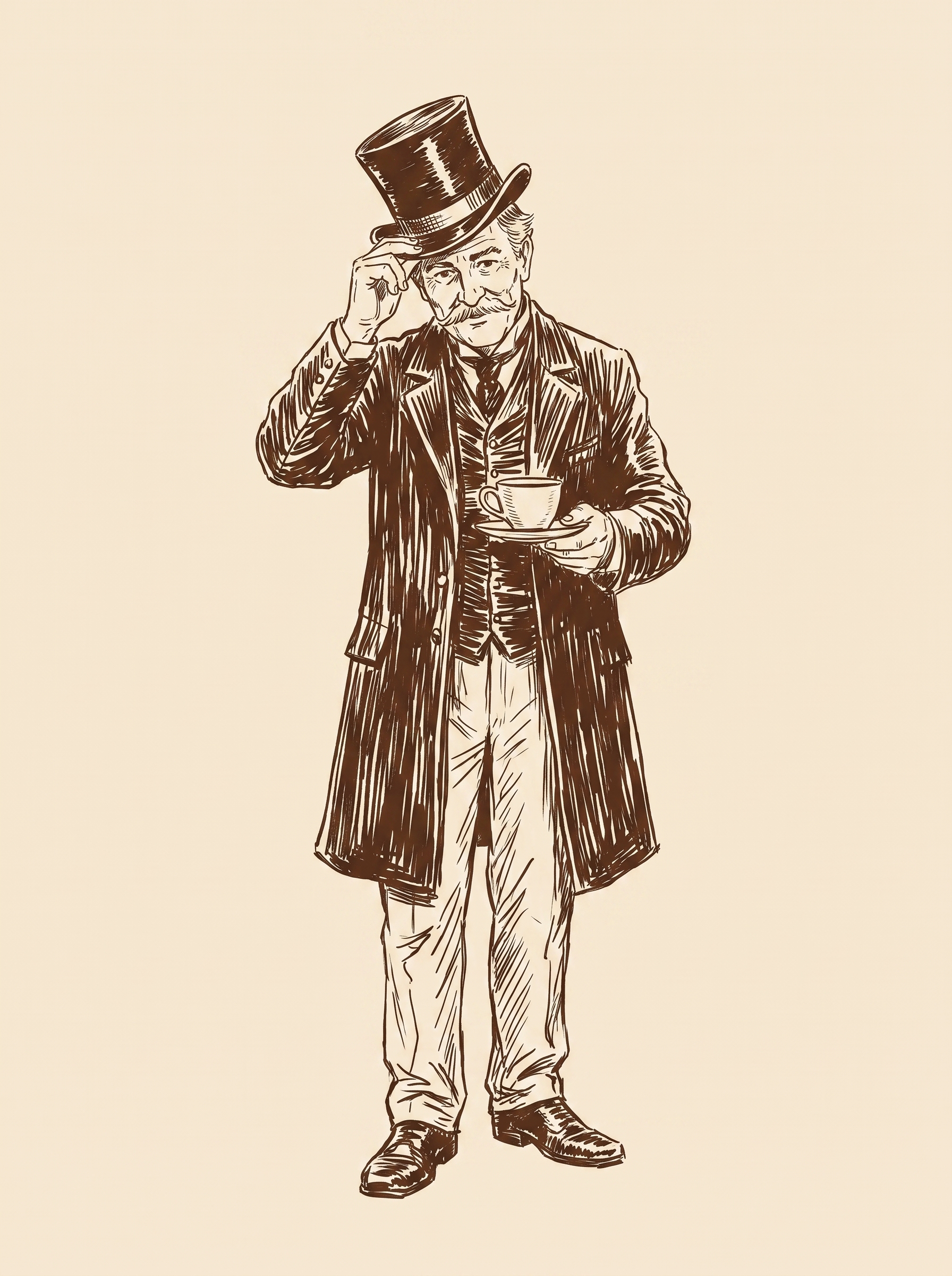 The gentleman tipping his top hat in greeting, in brown ink.