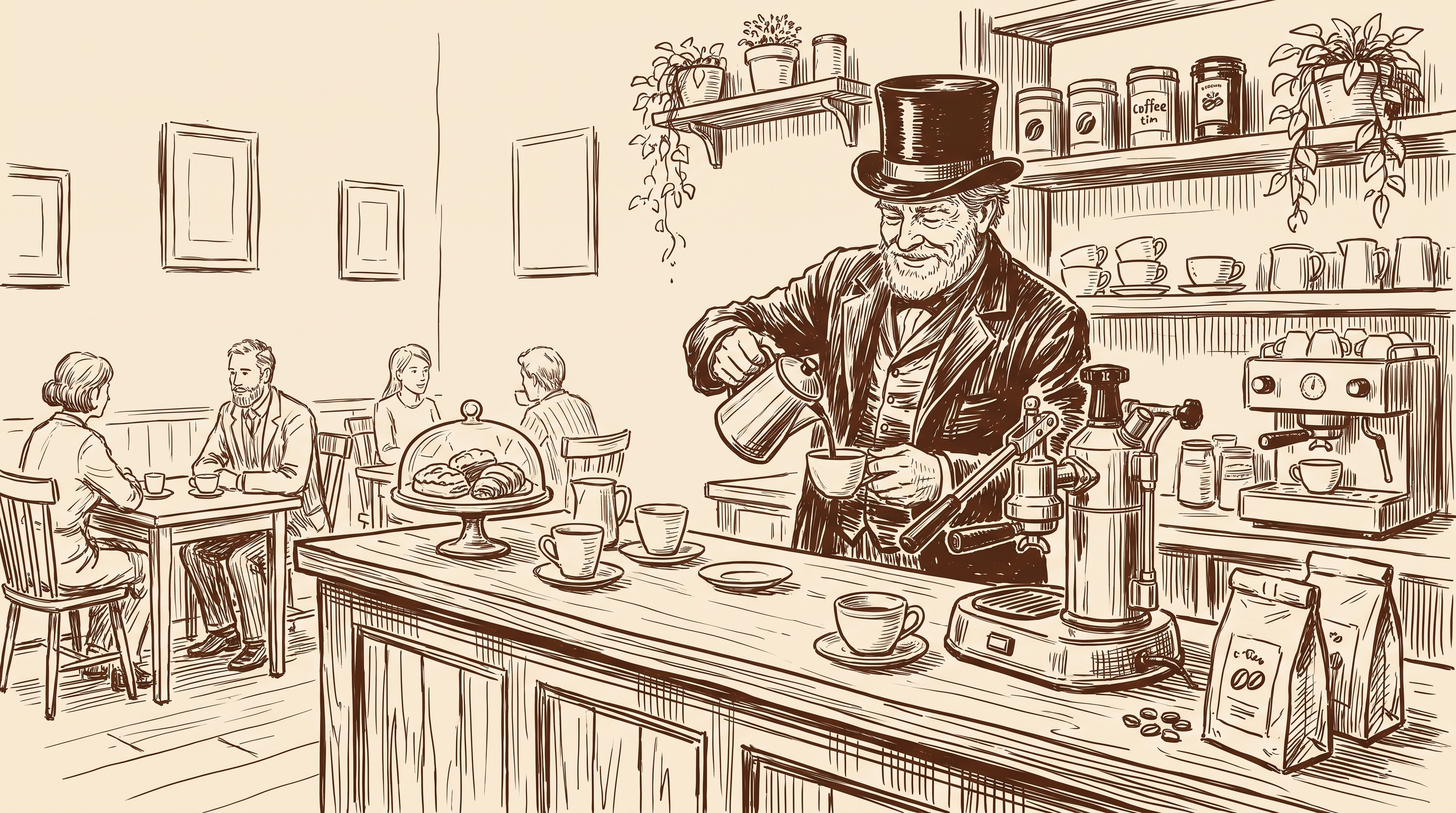 Ink sketch of the espresso counter at Morning Brew Co.