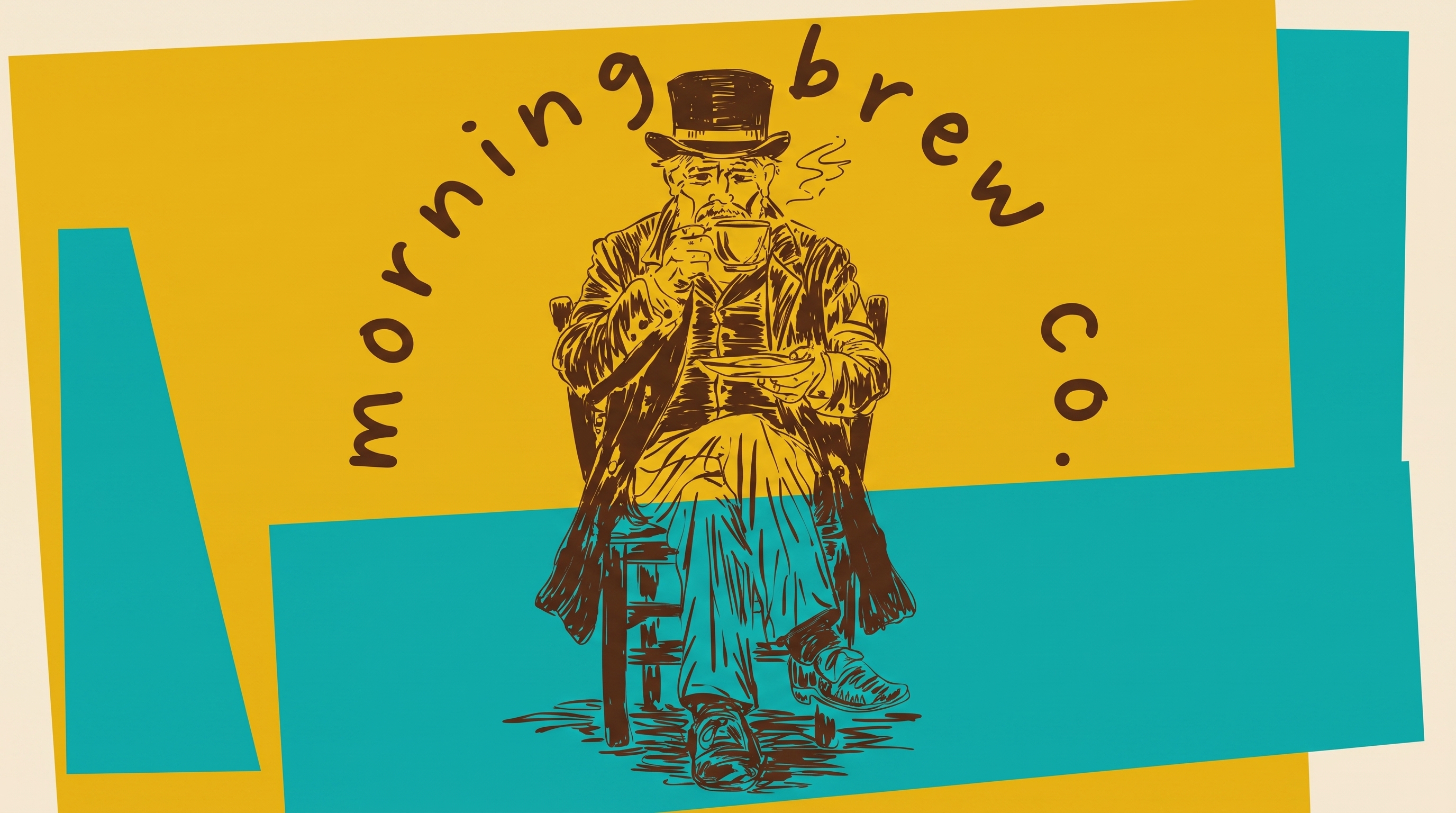 Pop art brand cover: the Morning Brew Co gentleman seated with his cup over mustard and teal color blocks