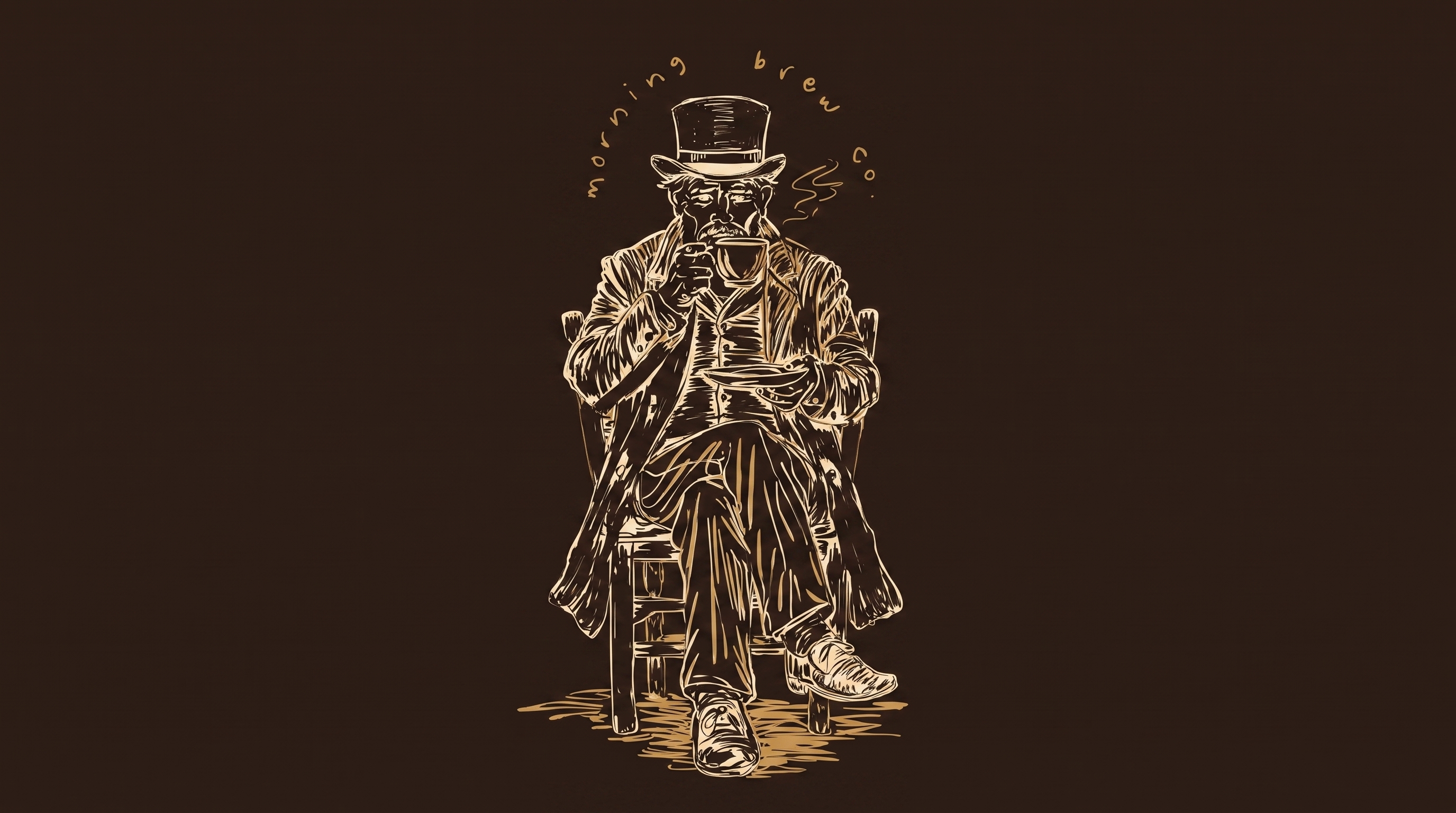 The Morning Brew Co brand portrait, the top hat gentleman with his cup rendered in the Night Cap gold and espresso palette.